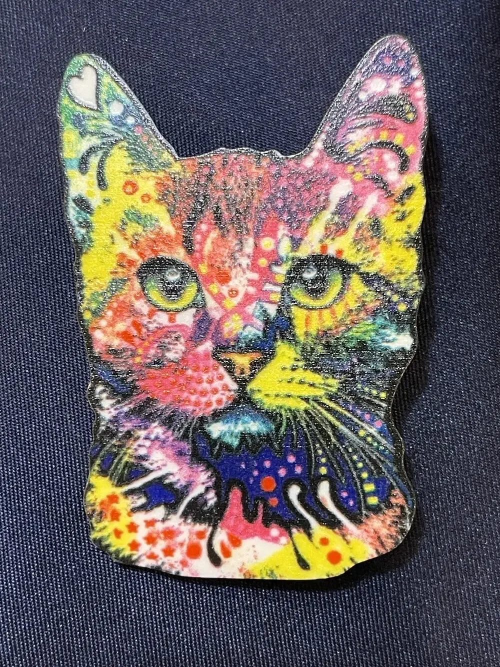 NWOT Retro Hippie Acrylic Cat Portrait Brooch Pin Abstract Art Animal Design